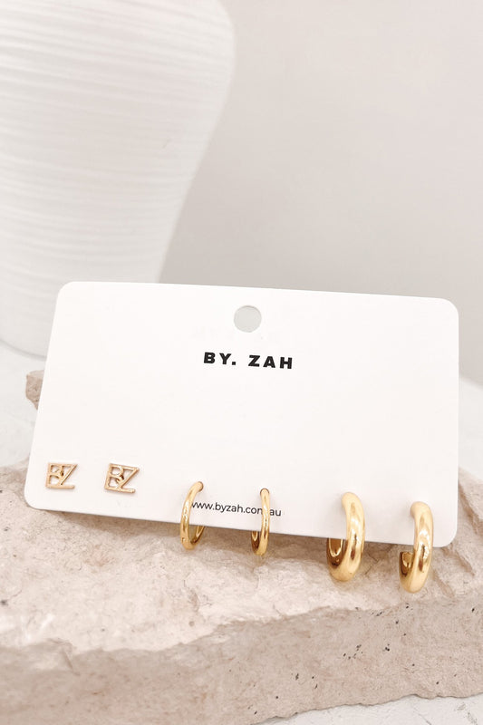 BZ Stud And Hoops 3 Pack Gold