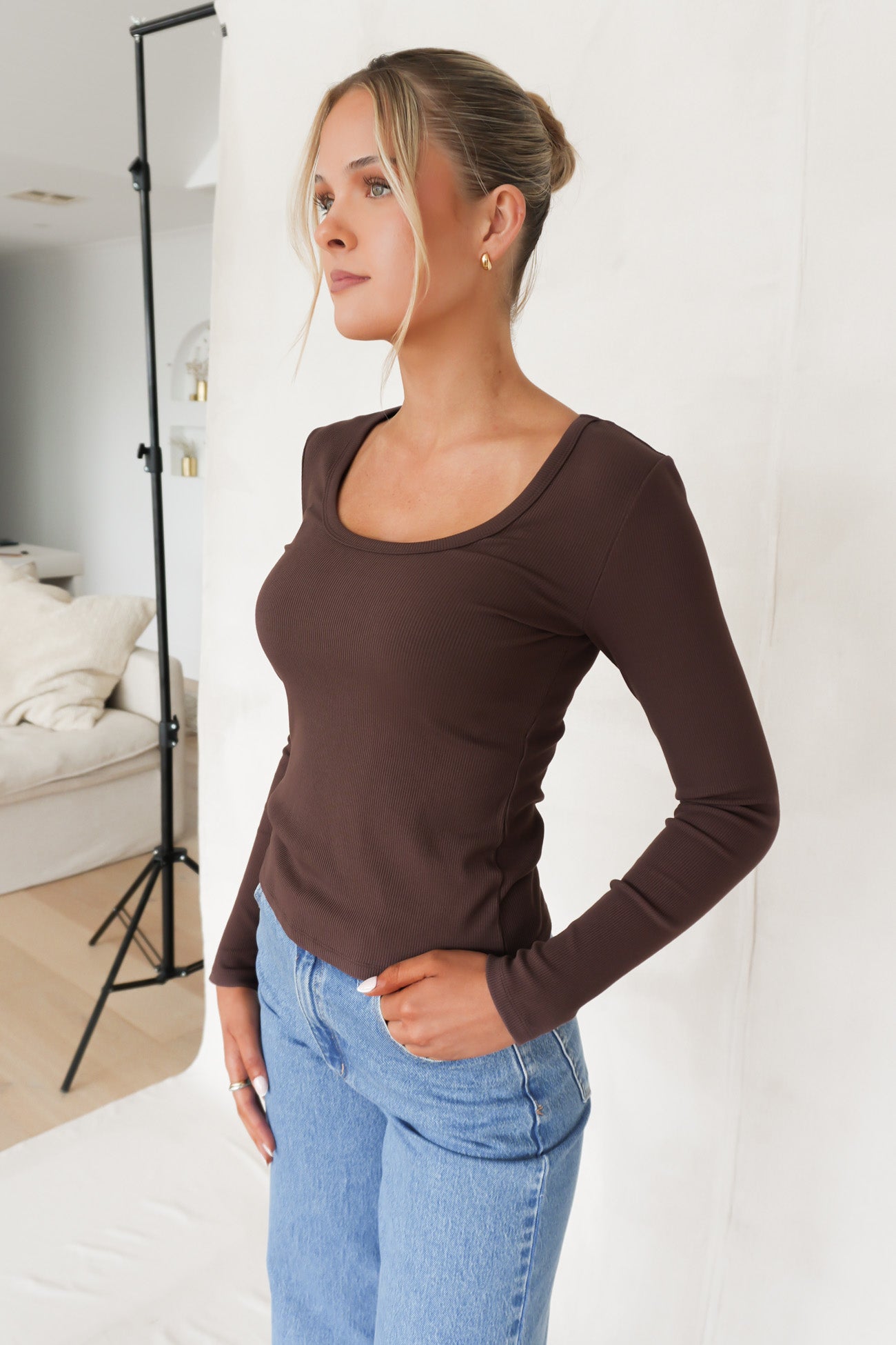BZ Luxe Rib Long Sleeve Top Chocolate