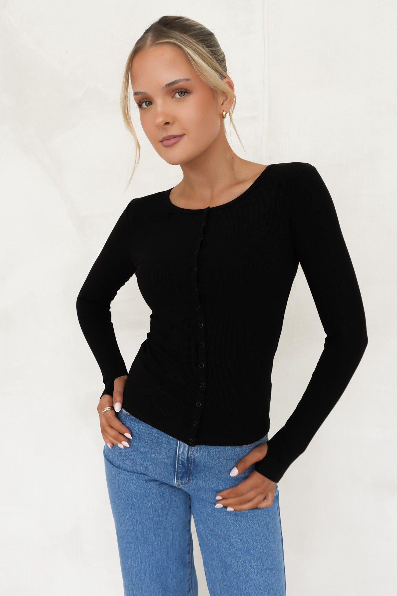 Brooklyn Rib Buttoned Top Black