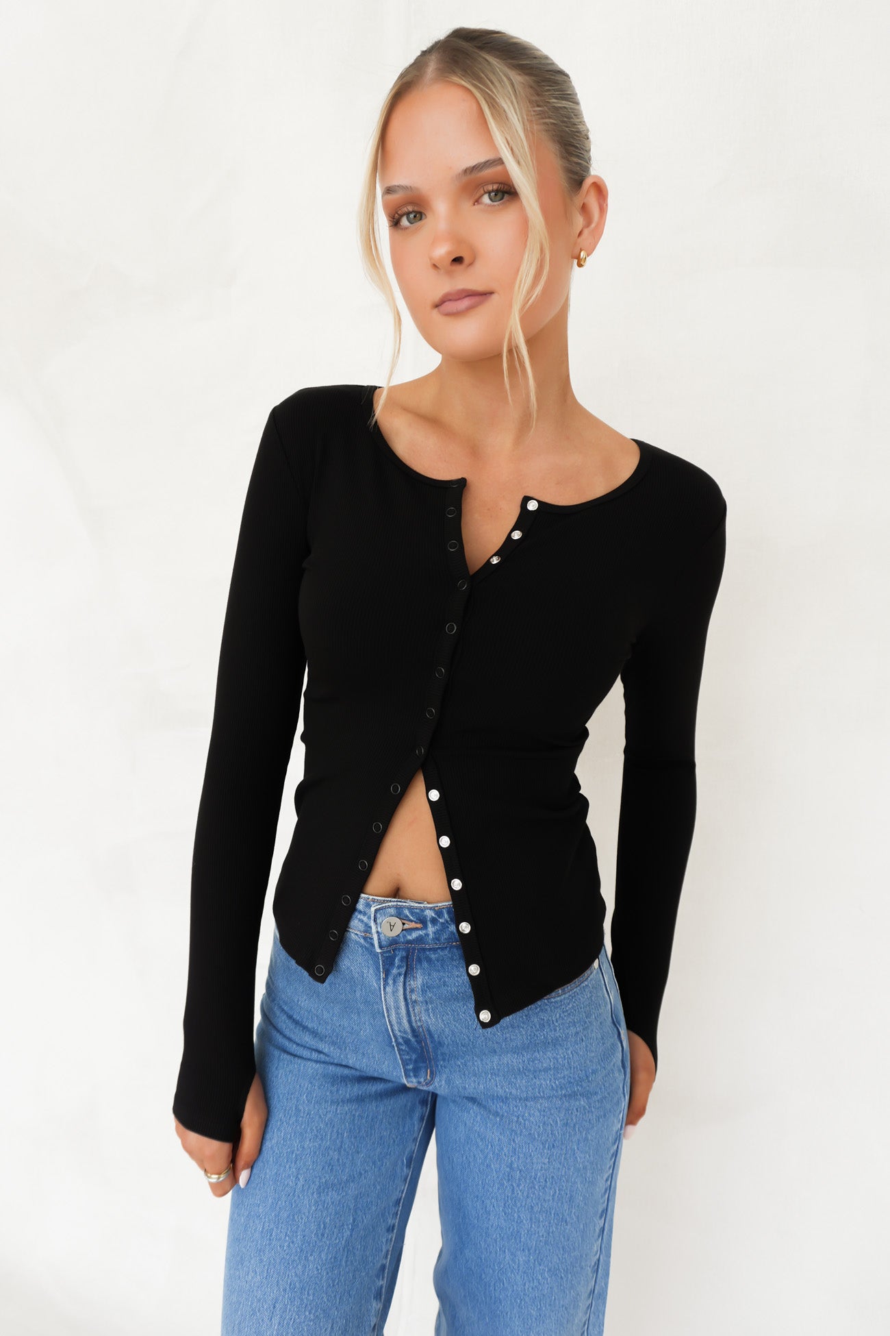 Brooklyn Rib Buttoned Top Black