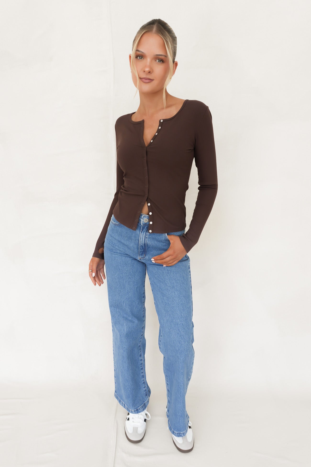 Brooklyn Rib Buttoned Top Chocolate