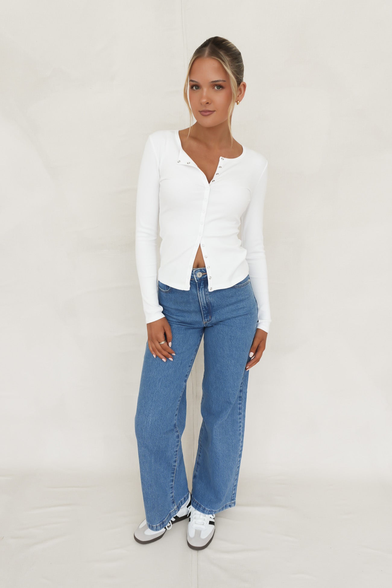 Brooklyn Rib Buttoned Top White